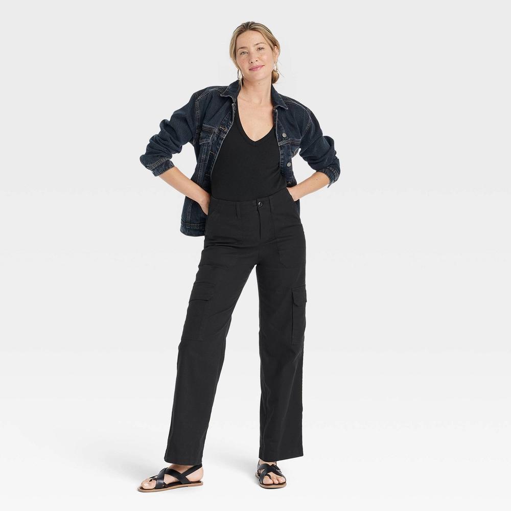 Women's Mid-Rise Straight Leg Utility Cargo Pants - Universal Thread™ Black 8 Product Image