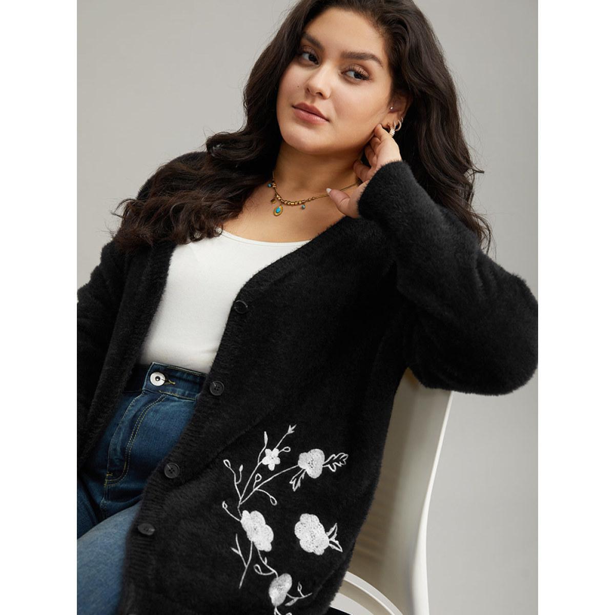 Plus Size Floral Embroidered Fuzzy Open Front Cardigan Black Women Casual Loose Long Sleeve Everyday Cardigans BloomChic 18-20/2X Product Image