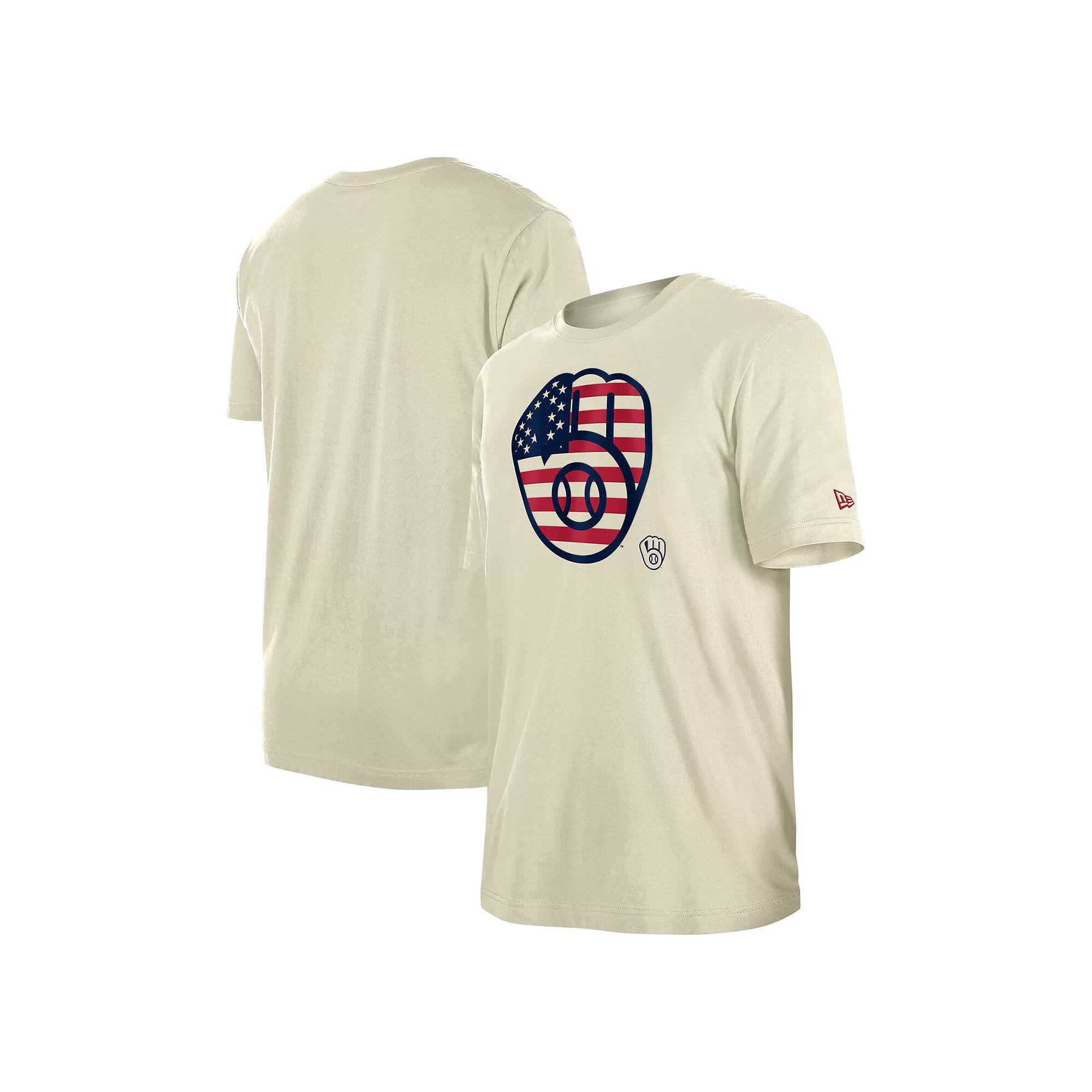 Men's New Era Cream Milwaukee Brewers 4th of July Flag Fill T-Shirt, Size: Small, Beige Product Image