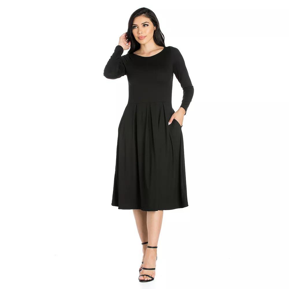 Women's 24Seven Comfort Apparel Long Sleeve Fit & Flare Dress with Pockets, Size: XL, Black Product Image