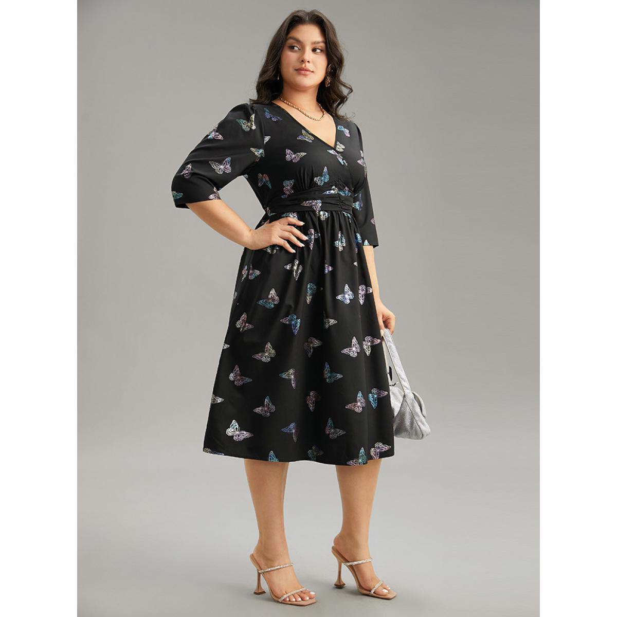 Plus Size Butterfly Glitter V Neck Ruched Dress Black Women Party Wrap Overlap Collar Half Sleeve Curvy Midi Dress BloomChic 12/L Product Image