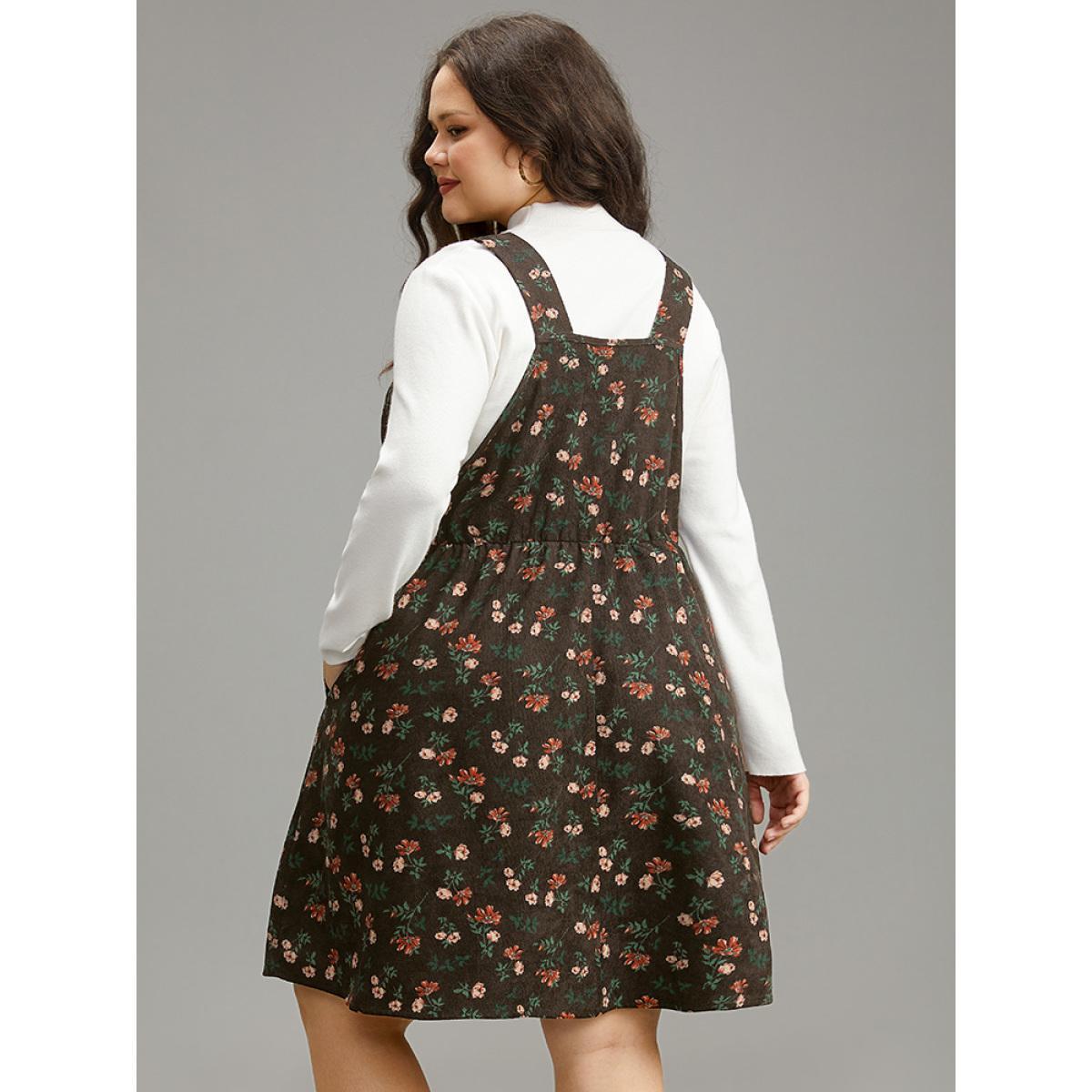 Plus Size Ditsy Floral Corduroy Pocket Zipper Fly Cami Dress Bronze Women Casual Printed Square Neck Sleeveless Curvy Knee Dress BloomChic 22-24/3X Product Image