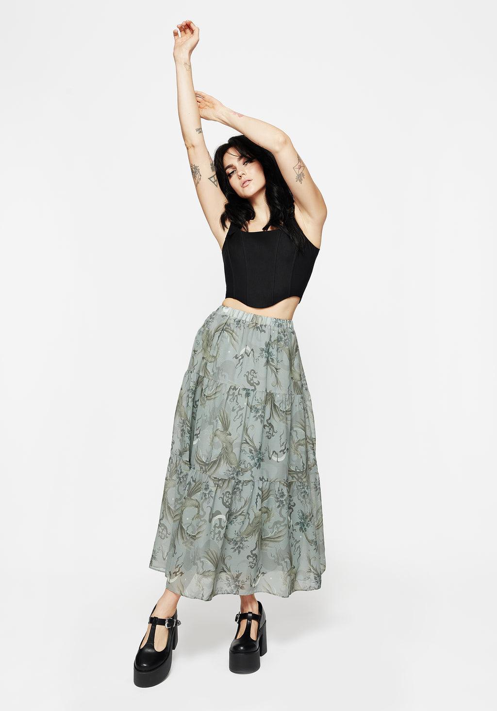 Sapphira Dragon Print Chiffon Tiered Maxi Skirt Product Image