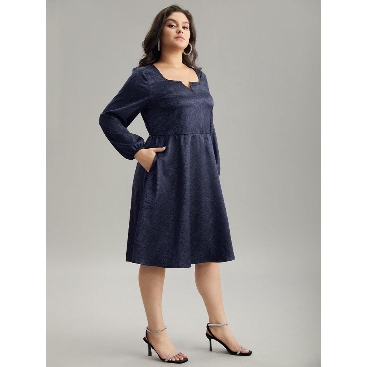 Plus Size Plain Textured Notched Lantern Sleeve Dress Indigo Women Glamour Elastic cuffs Notched collar Long Sleeve Curvy Knee Dress BloomChic 10/M Product Image
