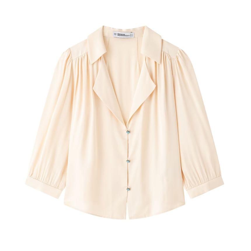 Collared Plain Button Blouse / High Rise Maxi A-Line Fishtail Skirt Product Image