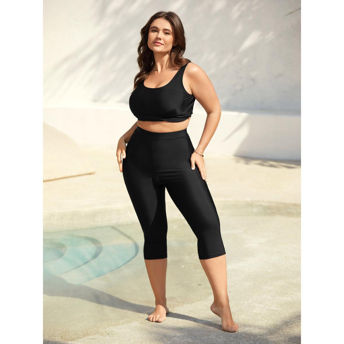 Plus Size Mid Rise Cropped Tight Swim Pants Women's Swimwear Black Beach High stretch Skinny High Rise Side seam pocket Curve Swim Bottoms BloomChic 14-16/1X Product Image