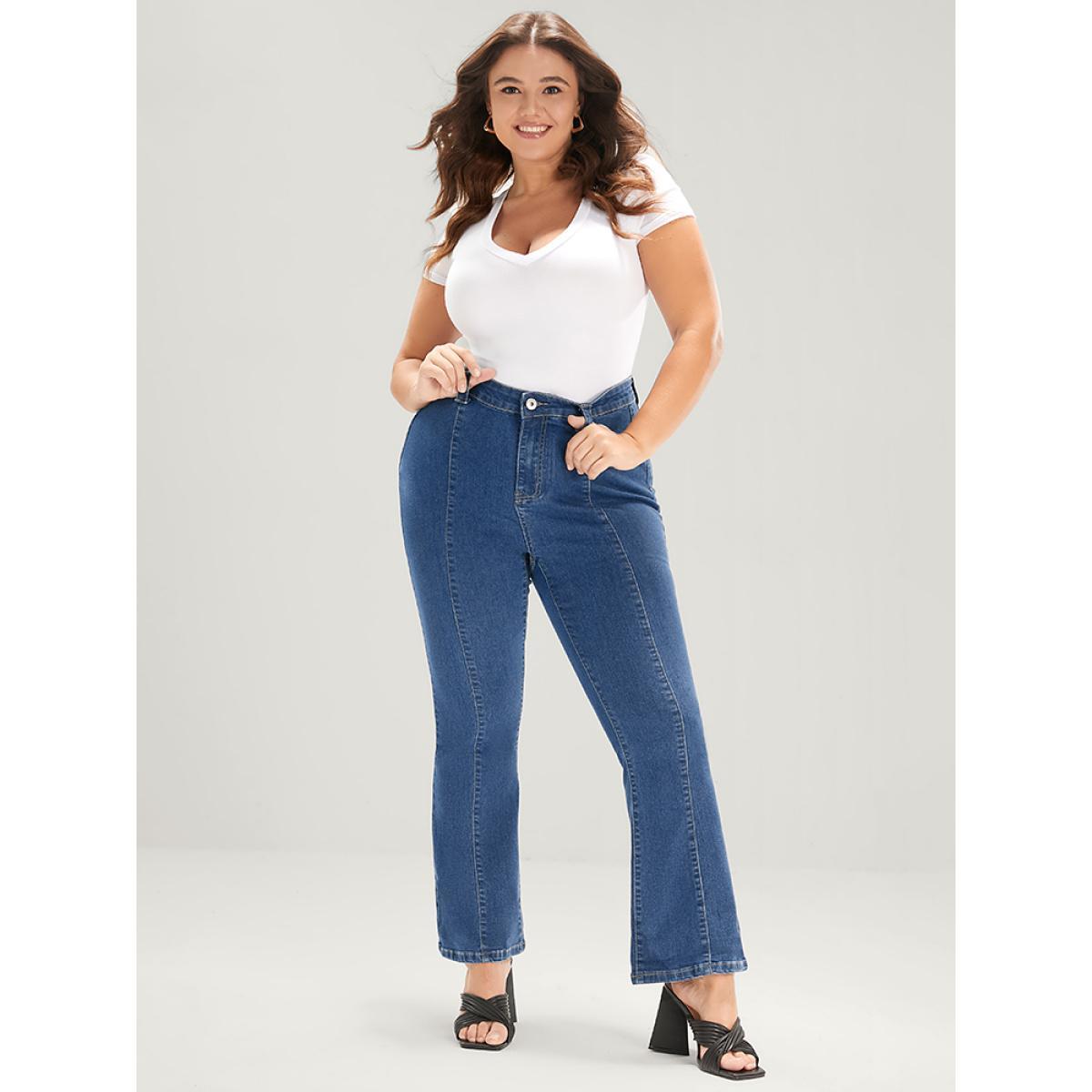 Plus Size Flare Leg Very Stretchy Mid Rise Medium Wash Jeans Women Blue Elegant Plain Patchwork High stretch Pocket Jeans BloomChic 20/2X Product Image