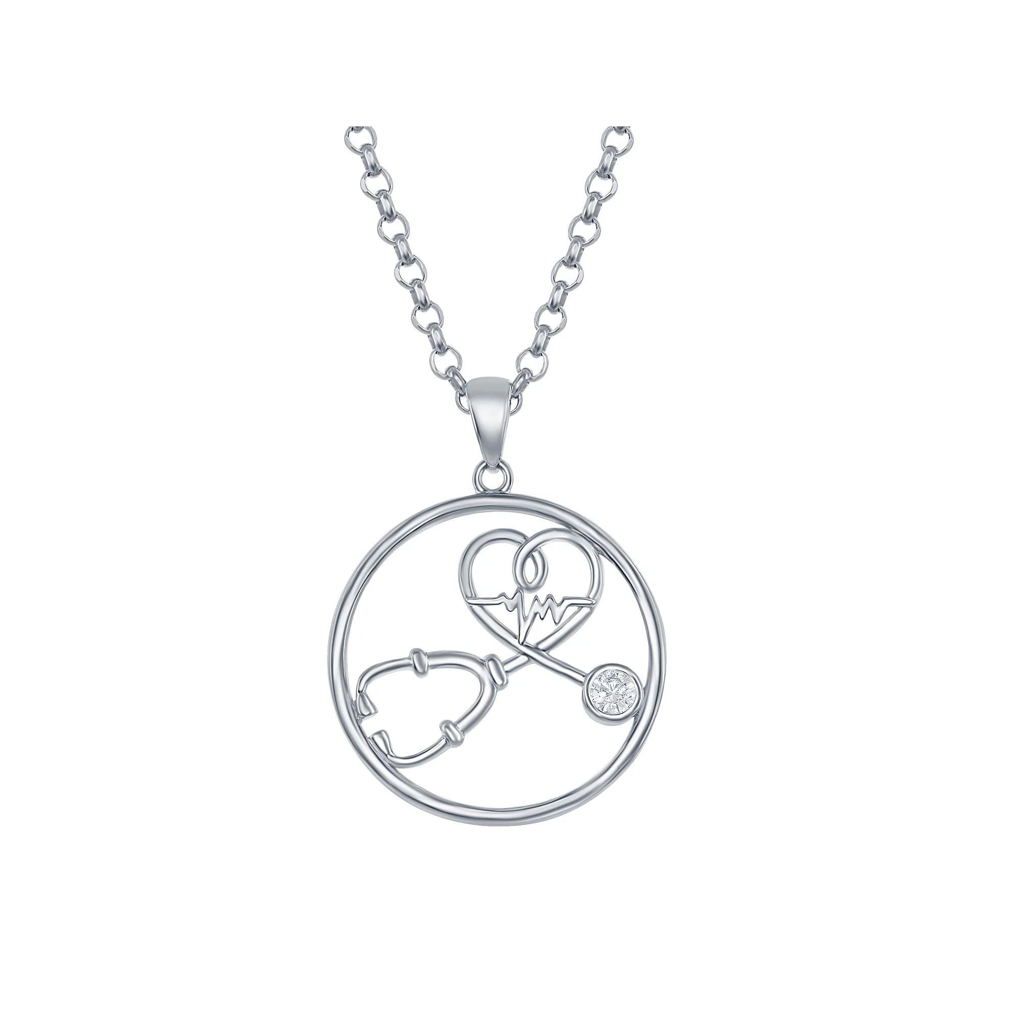 Sterling Silver Cubic Zirconia Stethoscope & Heartbeat Necklace, Women's, Size: 18" Product Image