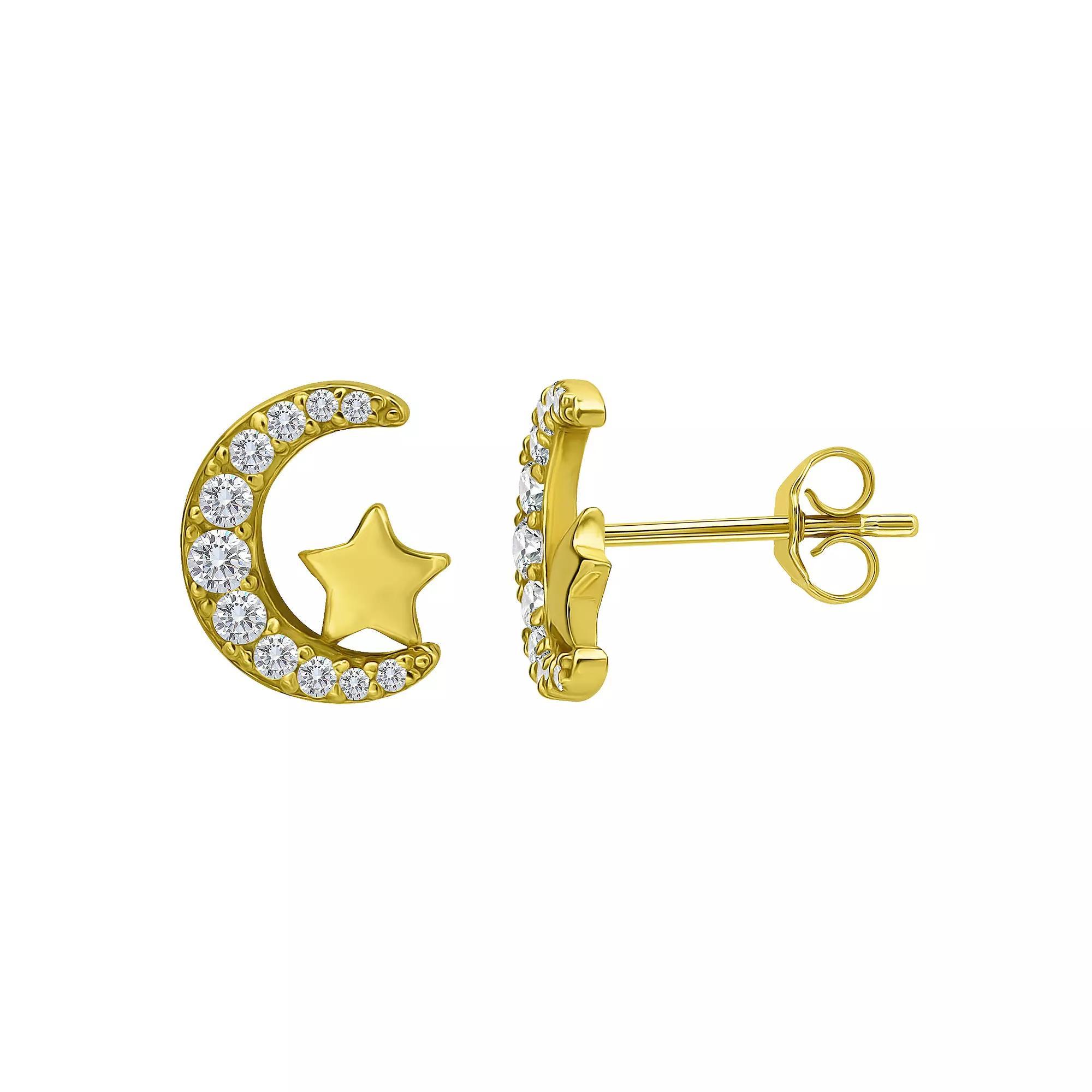 Aleure Precioso Sterling Silver Cubic Zirconia Moon & Star Stud Earrings, Women's, Gold Tone Product Image