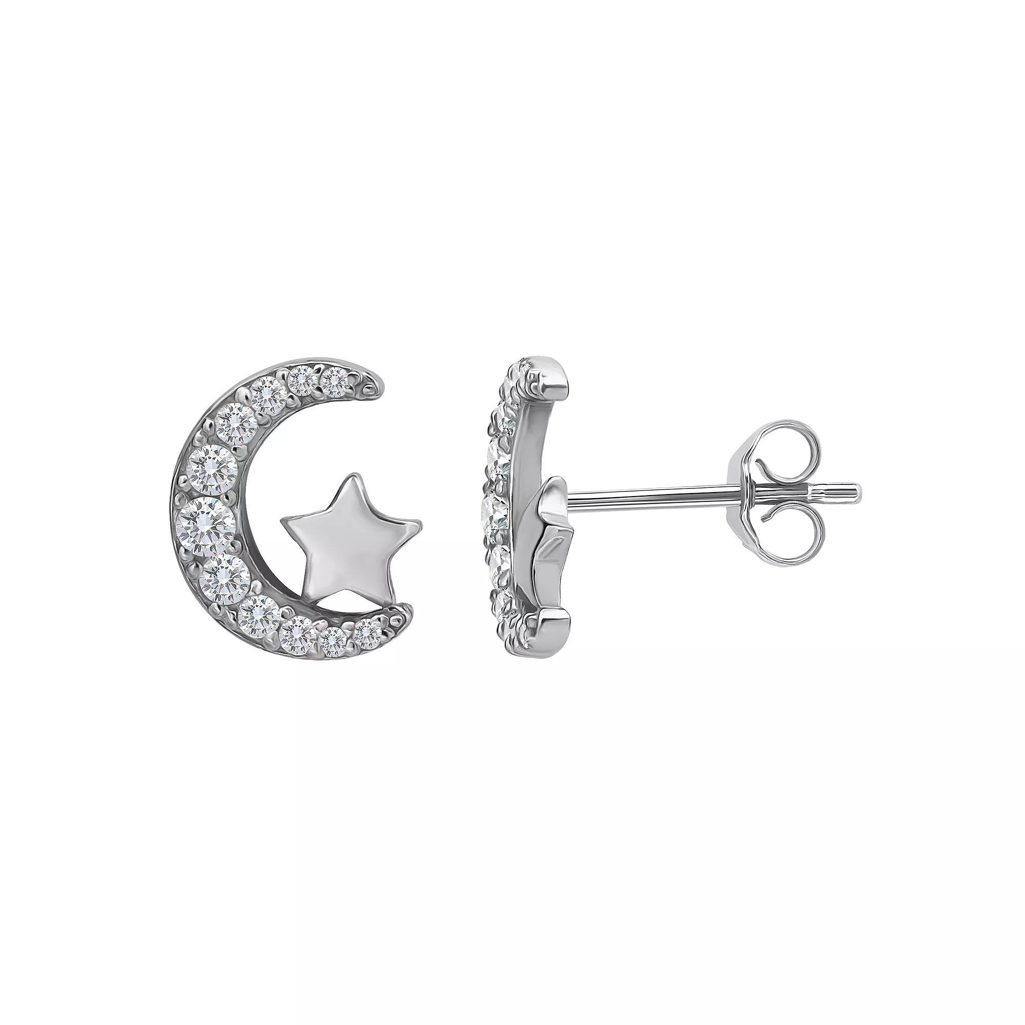 Aleure Precioso Sterling Silver Cubic Zirconia Moon & Star Stud Earrings, Women's, Gold Tone Product Image