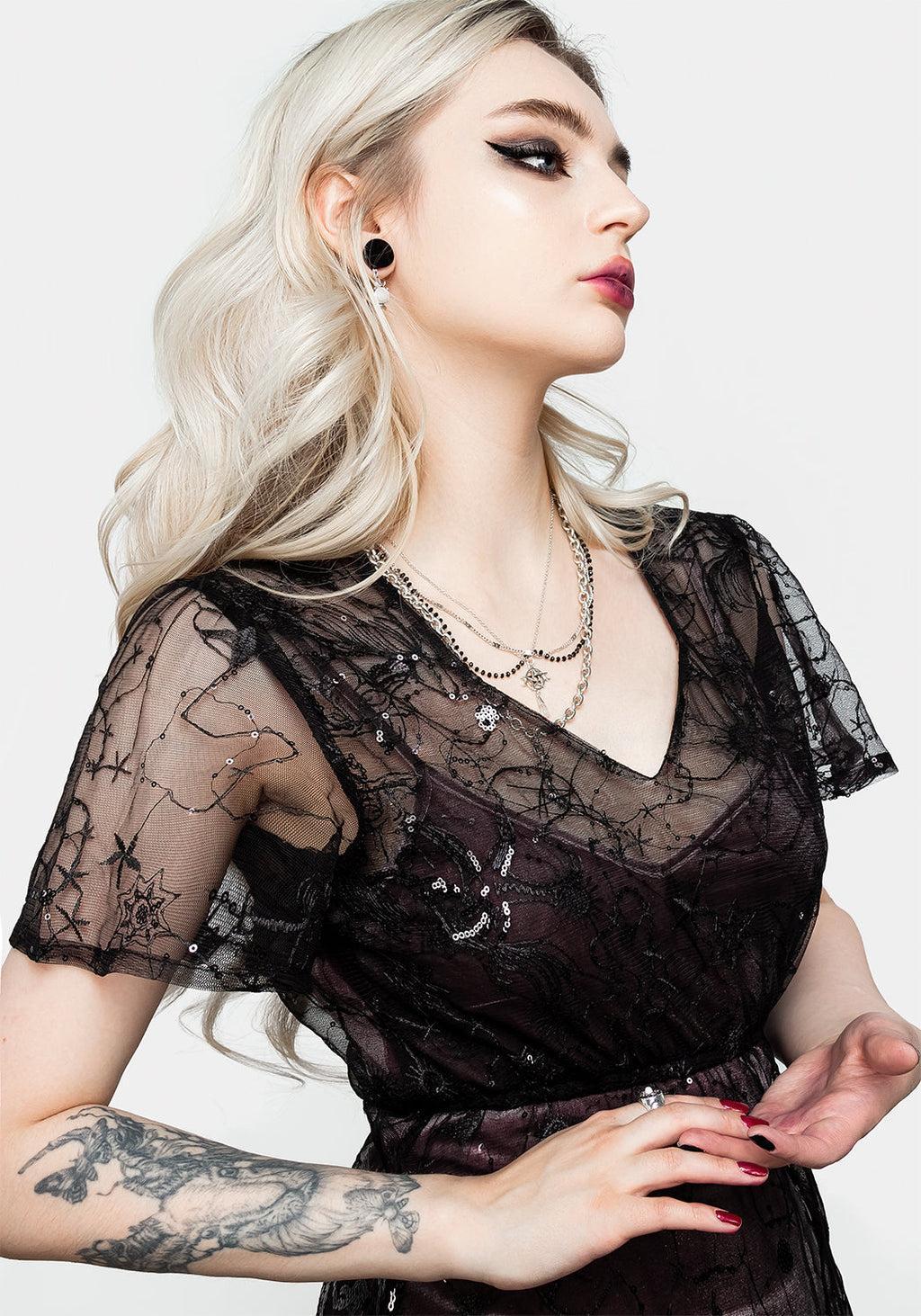 Lune Sequined Tiered Velvet Slip Dress Product Image
