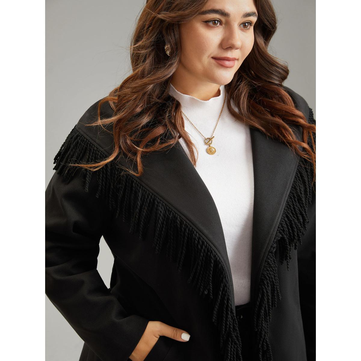 Plus Size Tassels Trim Plain Lapel Collar Belted Coat Women Black Elegant Lined Ladies Dailywear Winter Coats BloomChic 26/4X Product Image
