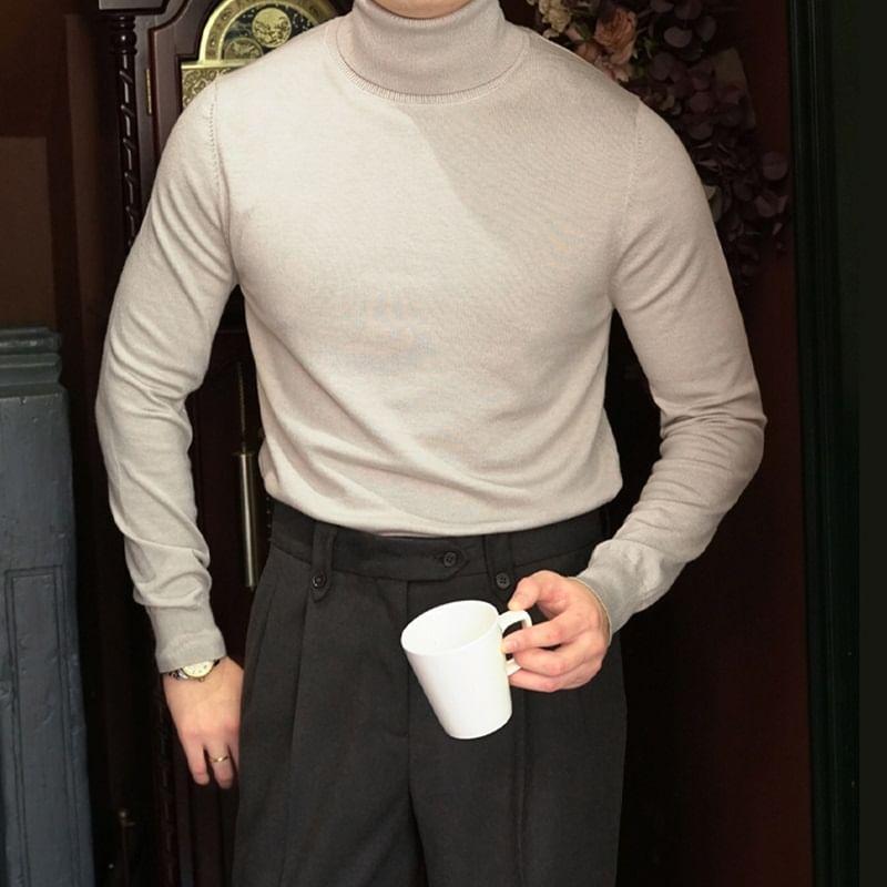 Long-Sleeve Turtleneck Plain Knit Top Product Image