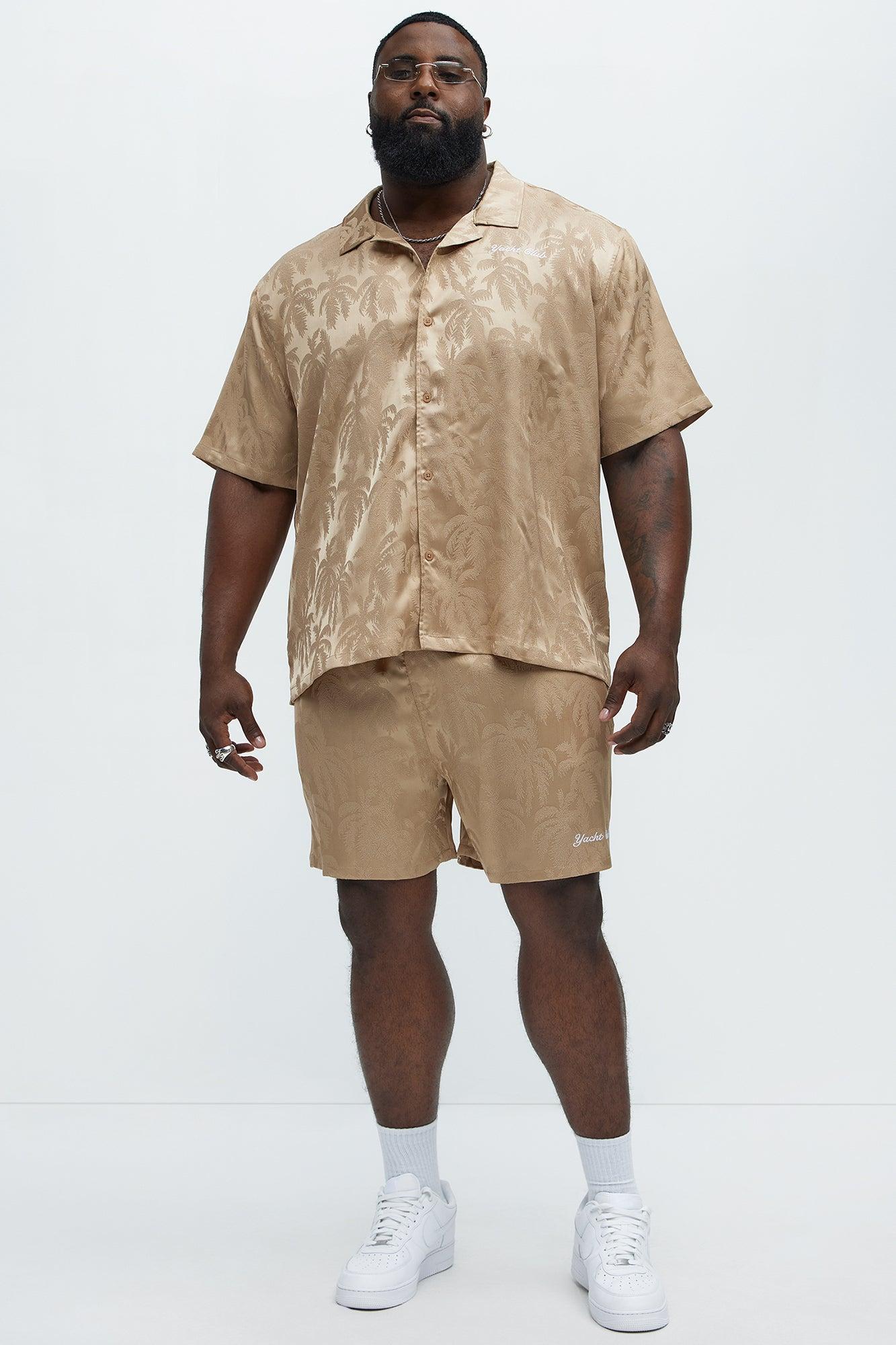 Palm Trees Jacquard Short Sleeve Button Up Shirt - Brown Product Image