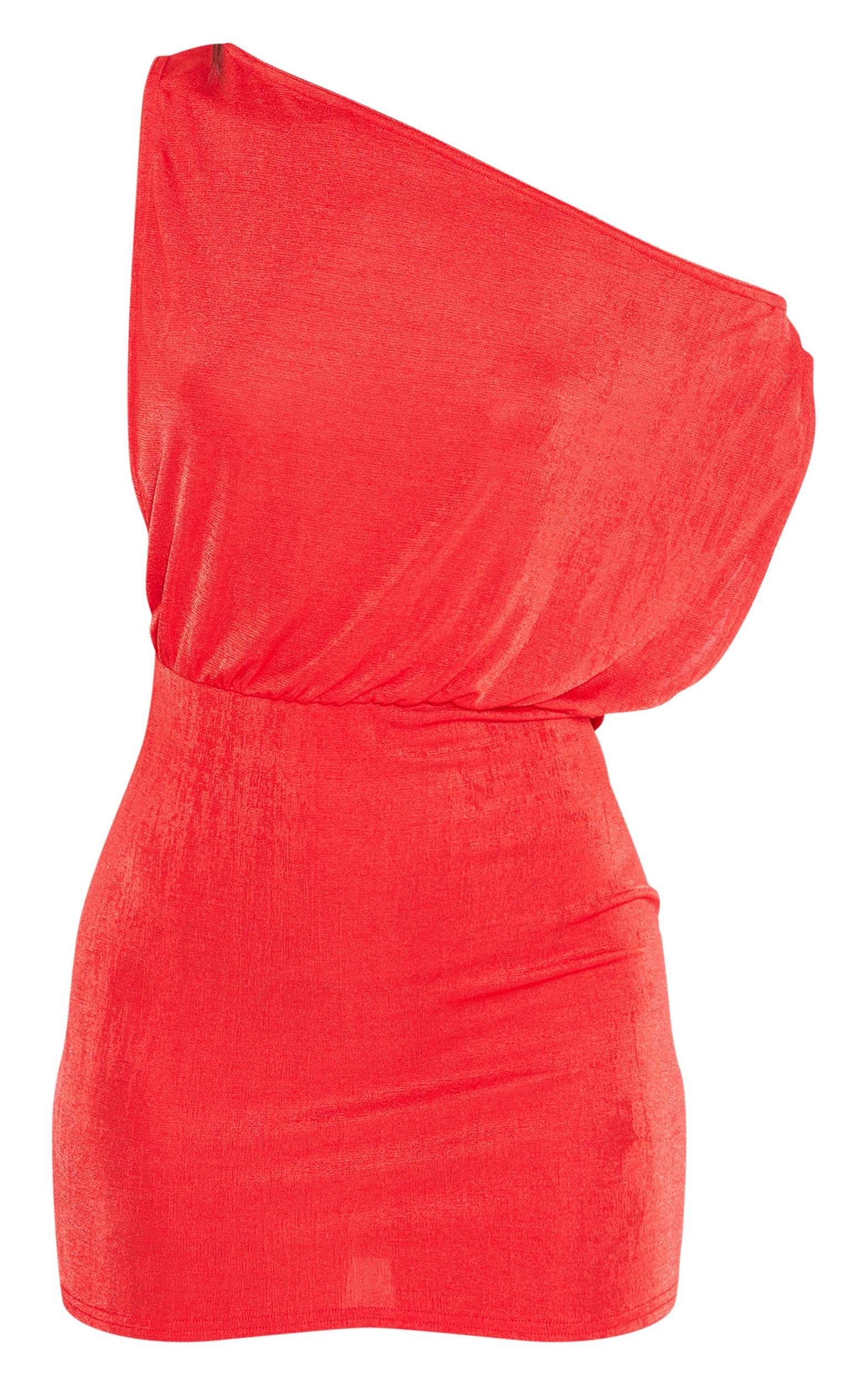 Tomato Red Slinky Acetate Draped Side Bodycon Dress Product Image
