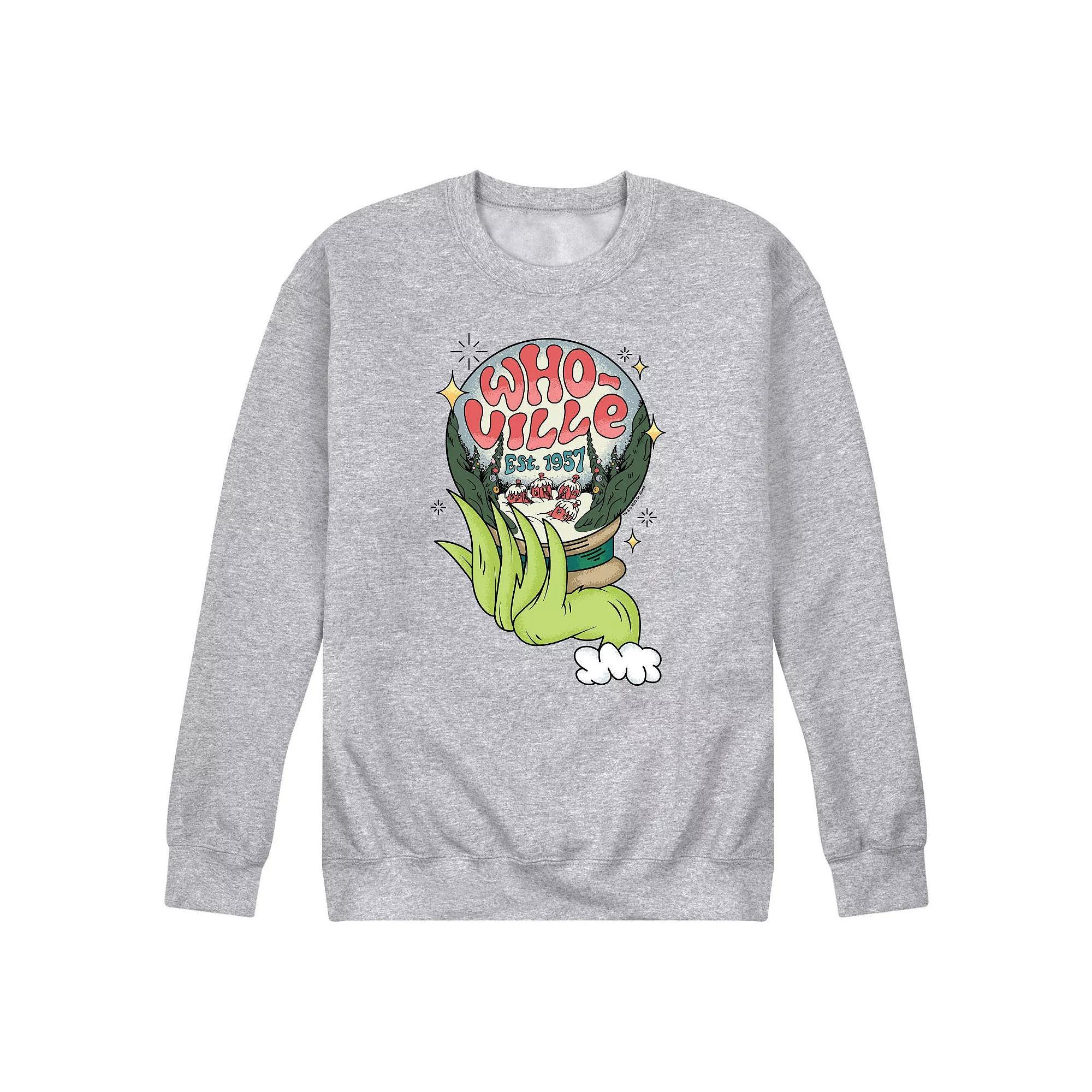 Mens Dr. Seuss The Grinch Whoville Globe Fleece Sweatshirt Grey Gray Product Image