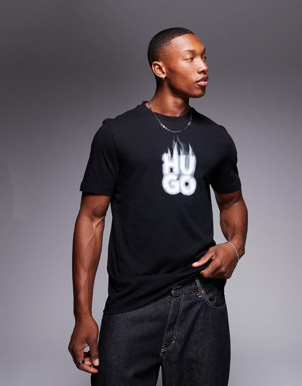 HUGO Red delayer chest print t-shirt with smoked stacked logo in black Product Image