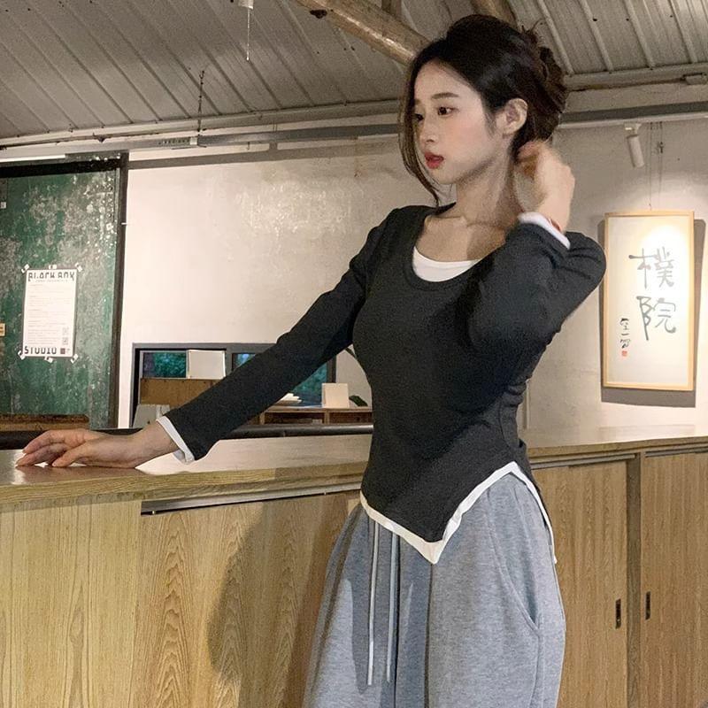 Long-Sleeve Scoop Neck Mock Two Piece Slit Tee Product Image