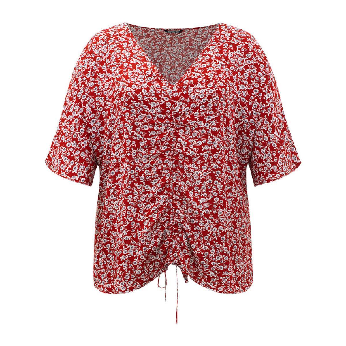Plus Size Scarlet Ditsy Floral Batwing Sleeve Drawstring Hem Blouse Women Elegant Half Sleeve V-neck Dailywear Blouses BloomChic 12/L Product Image
