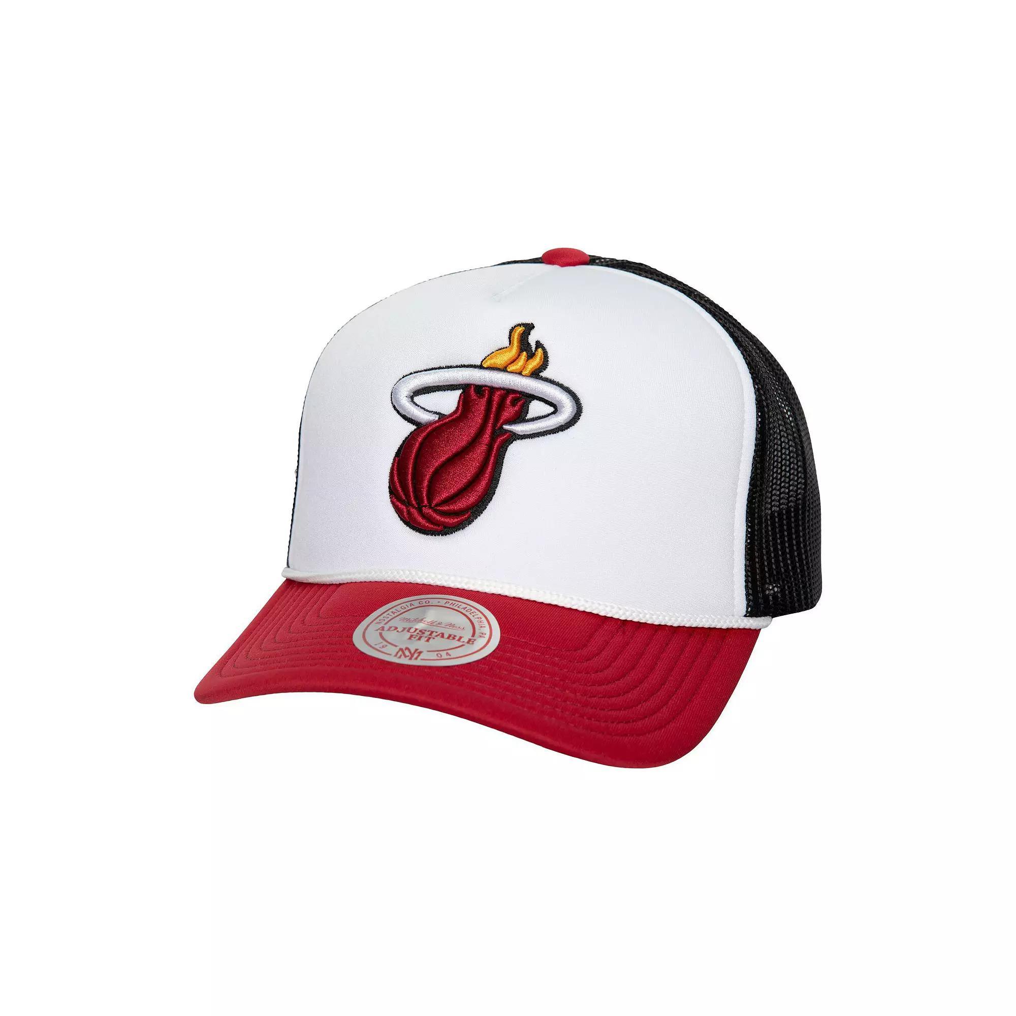 Men's Mitchell & Ness White Miami Heat Hardwood Classics Blocker Foam Front Trucker Adjustable Hat Product Image