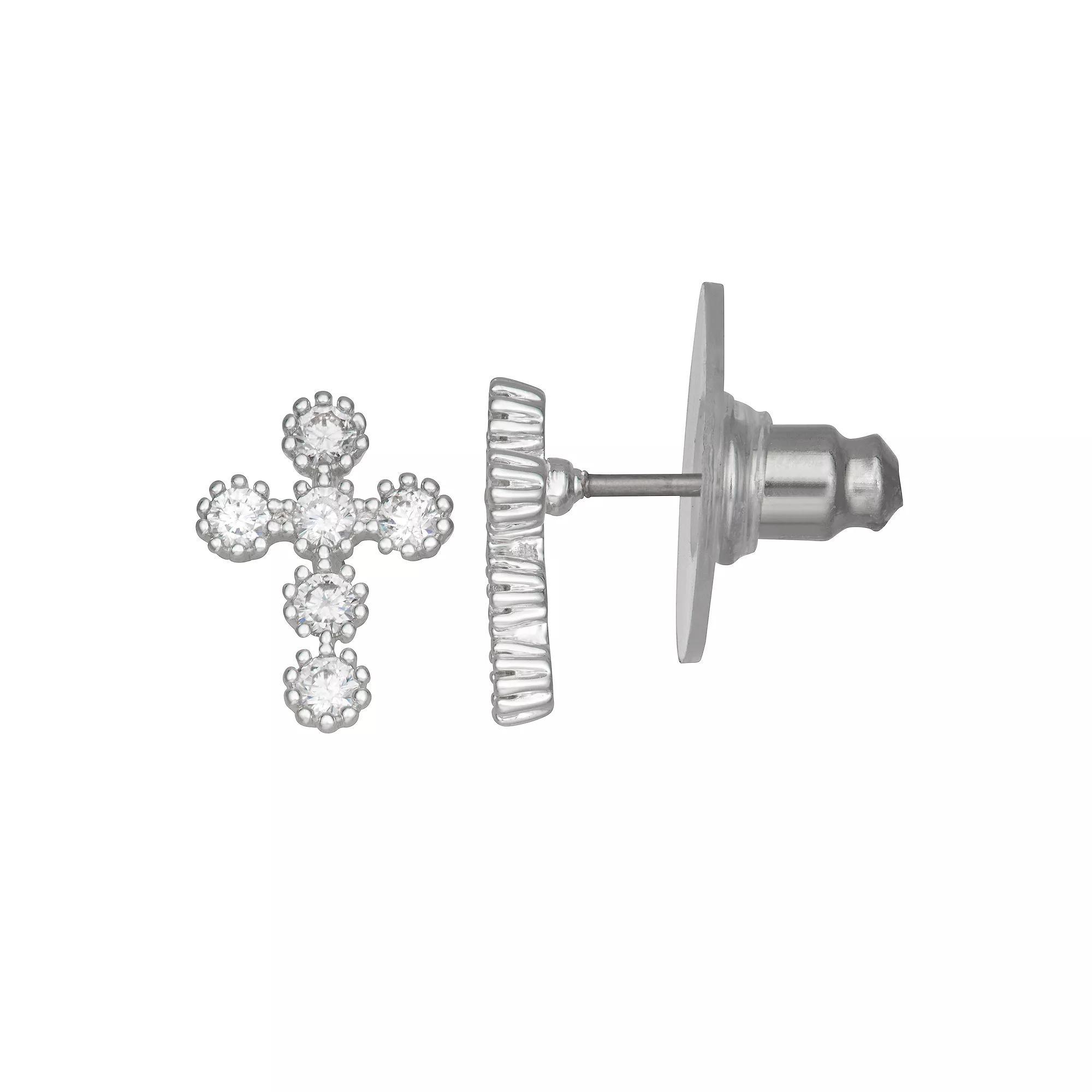 Napier Silver Tone Crystal & Cubic Zirconia Cross Drop Post Earrings, Women's Product Image