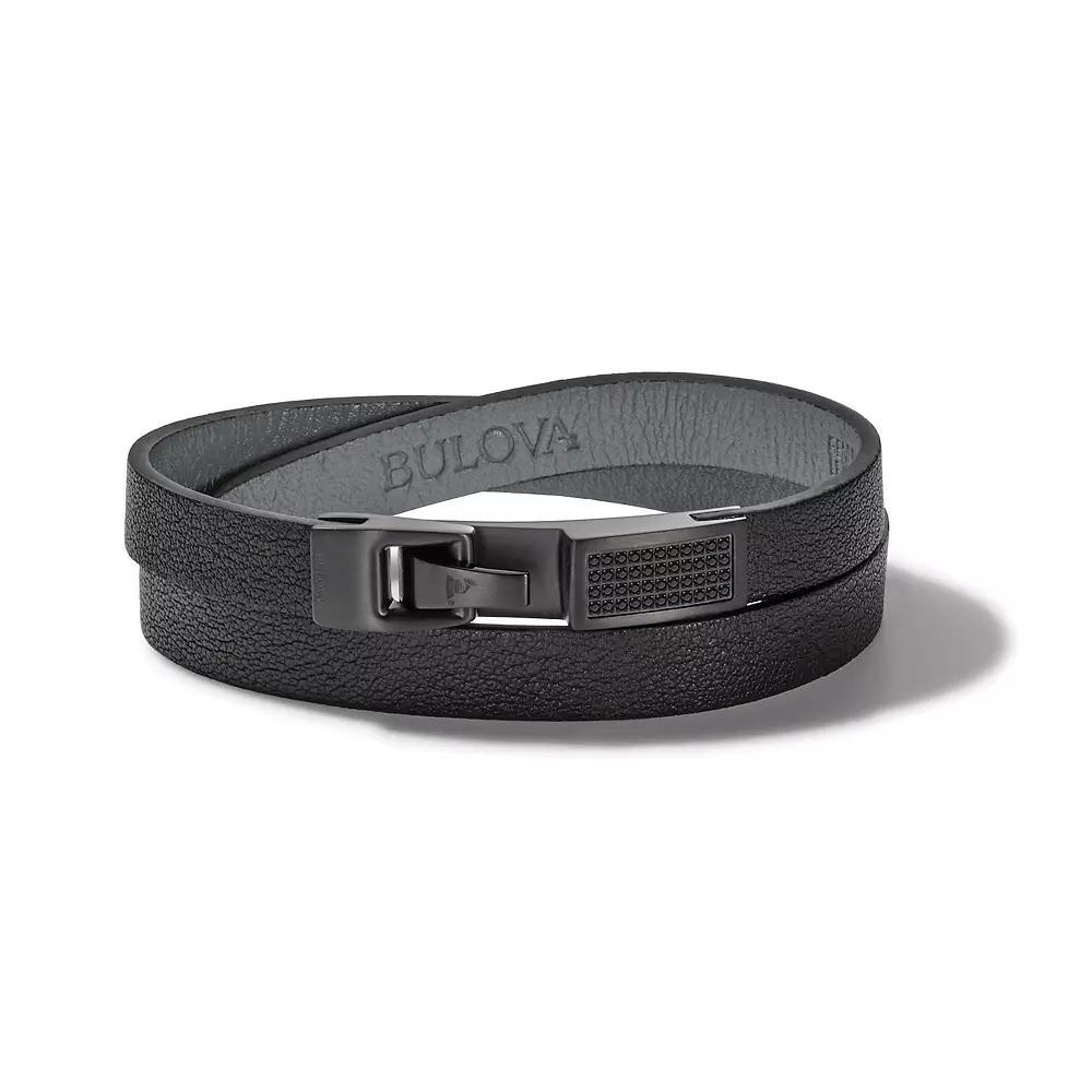 Bulova Men's Latin Grammy Black Diamond Accent & Leather Double Wrap Bracelet, Size: 7" Product Image