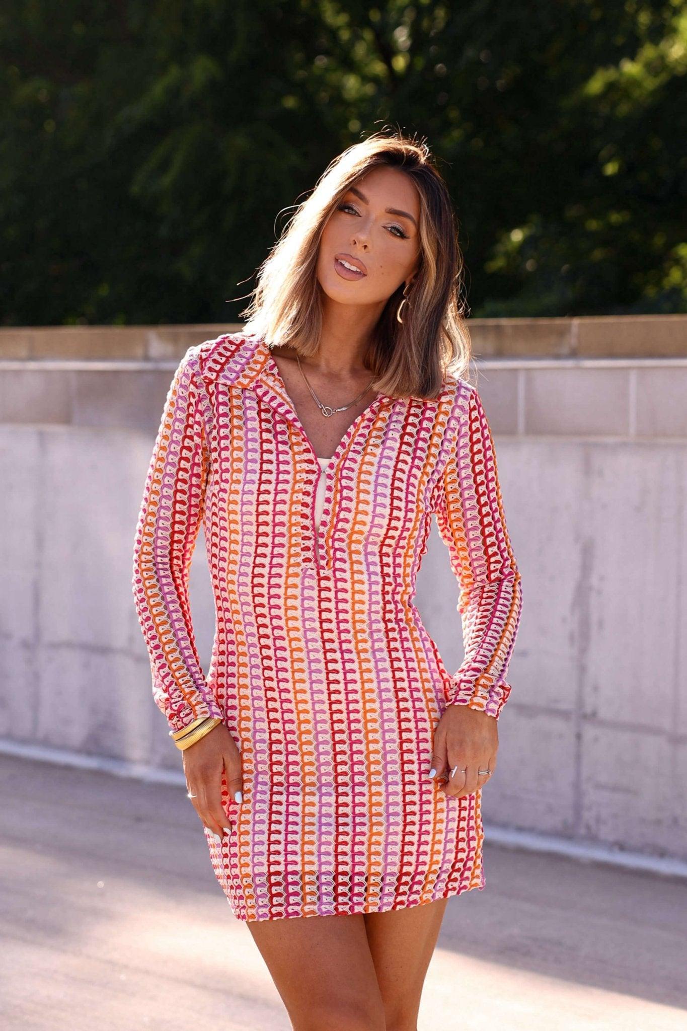 Fuchsia Multi Striped Crochet Mini Dress - FINAL SALE Product Image