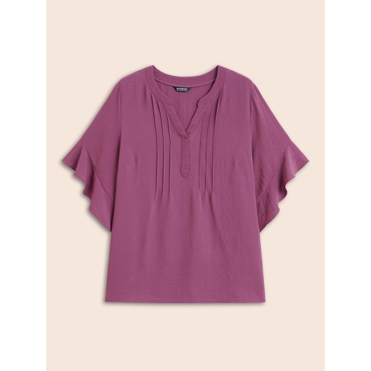 Plus Size Mauve Notched Pleated Ruffles Split Hem Blouse Women Elegant Half Sleeve Flat collar with V-notch Everyday Blouses BloomChic 18-20/2X Product Image