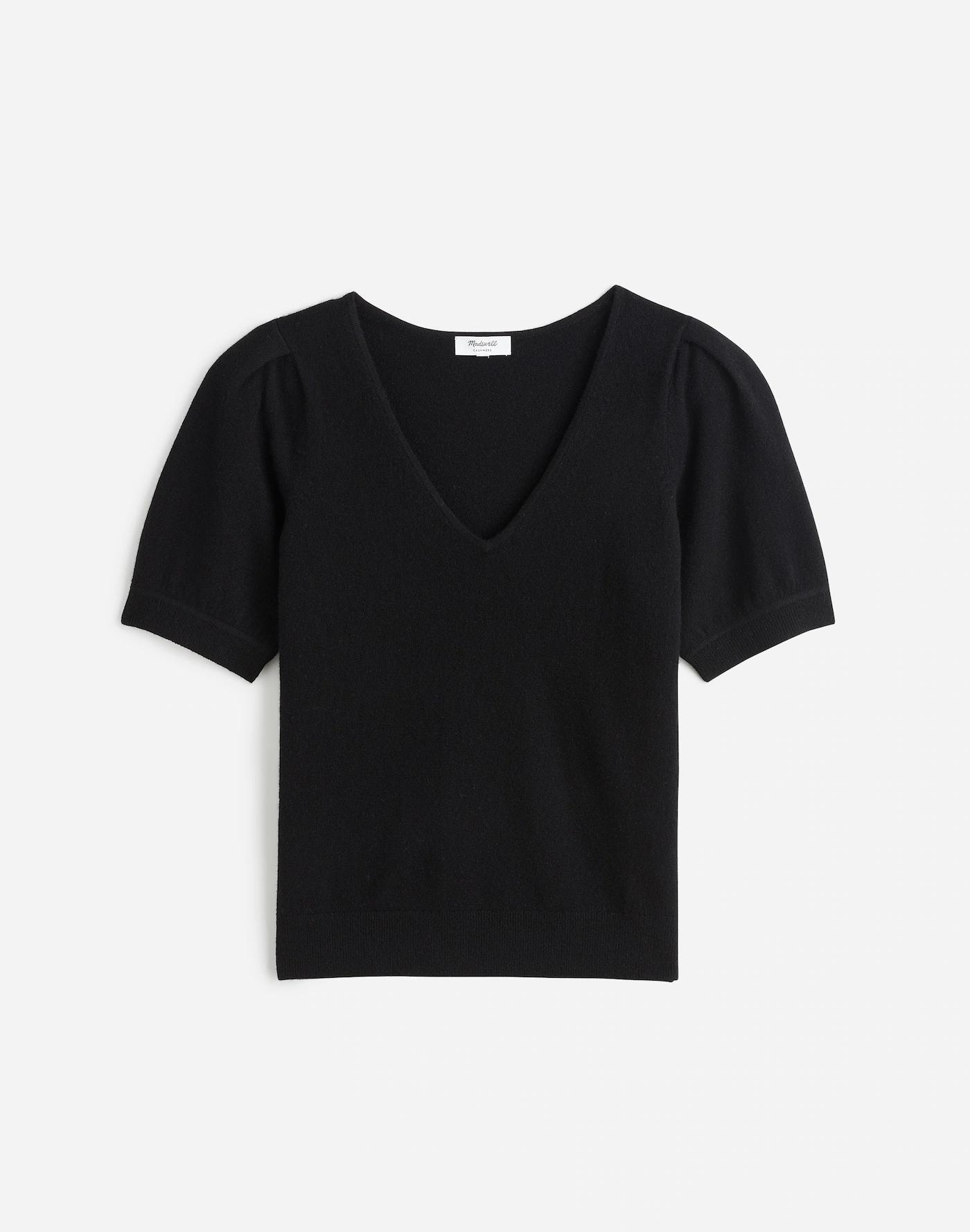 Cashmere V-Neck Puff-Sleeve Sweater Tee Product Image