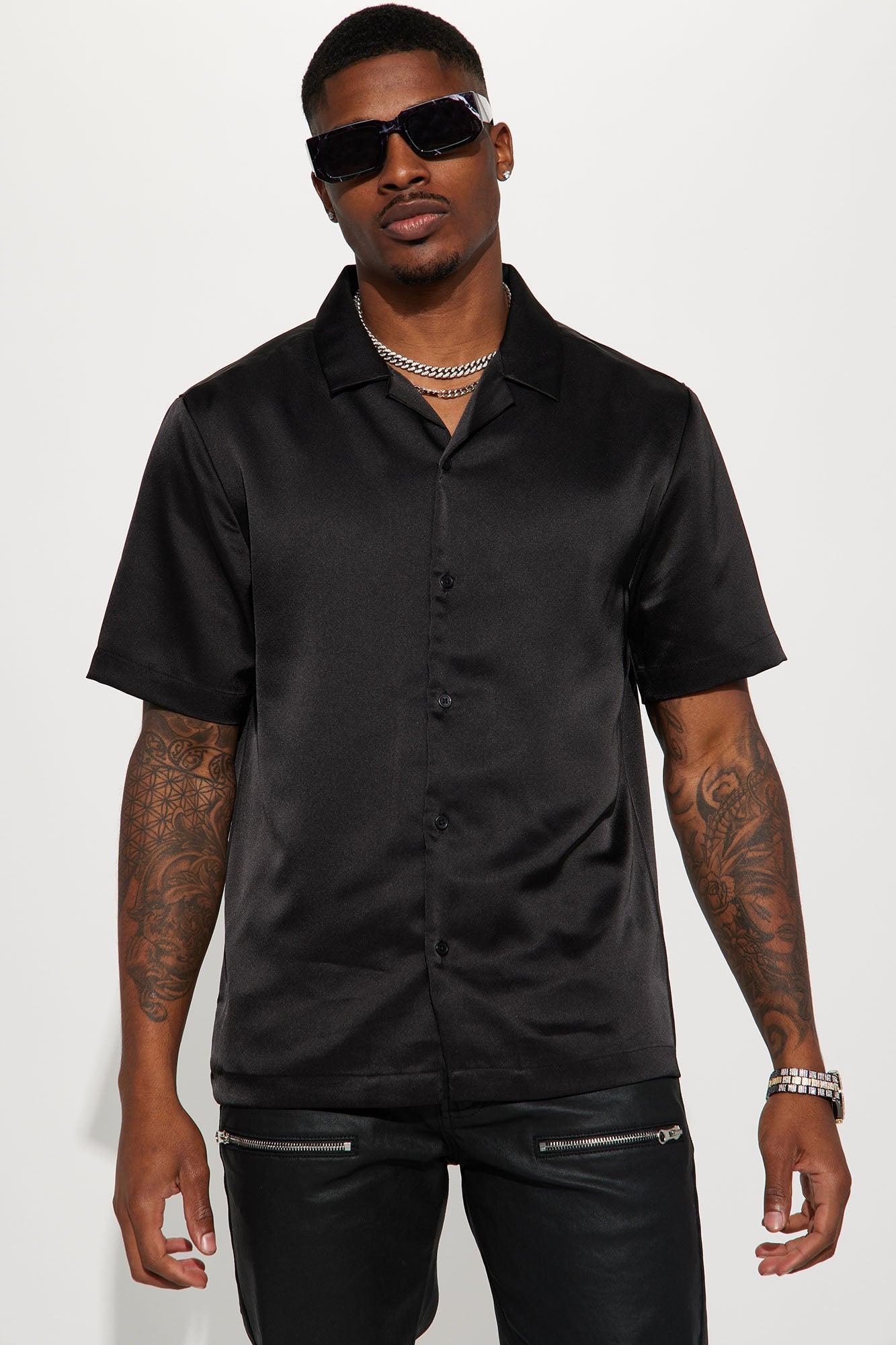 Links Satin Short Sleeve Button Up Shirt - Black Product Image