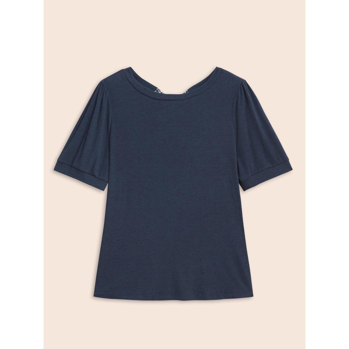 Plus Size Patchwork Ditsy Floral Knot Puff Sleeve T-shirt Indigo Women Elegant Tie knot Round Neck Bodycon Everyday T-shirts BloomChic 22-24/3X Product Image