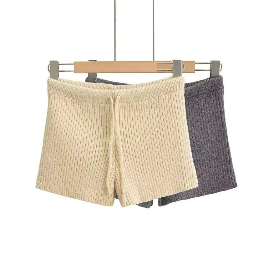 High Waist Plain Ribbed Knit Shorts Product Image