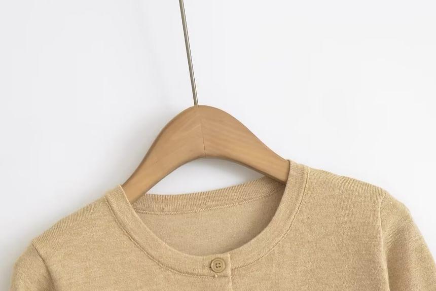 Set: Round Neck Plain Cardigan + High Waist Knit Shorts Product Image