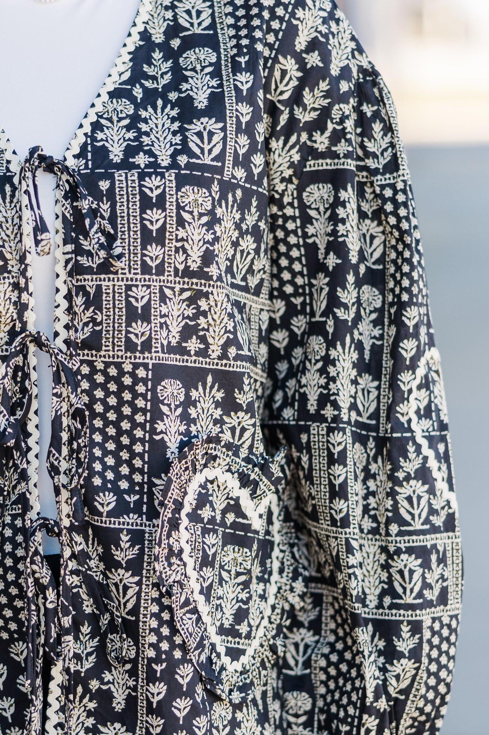Feeling The Best Black Floral Tied Front Jacket Female Product Image