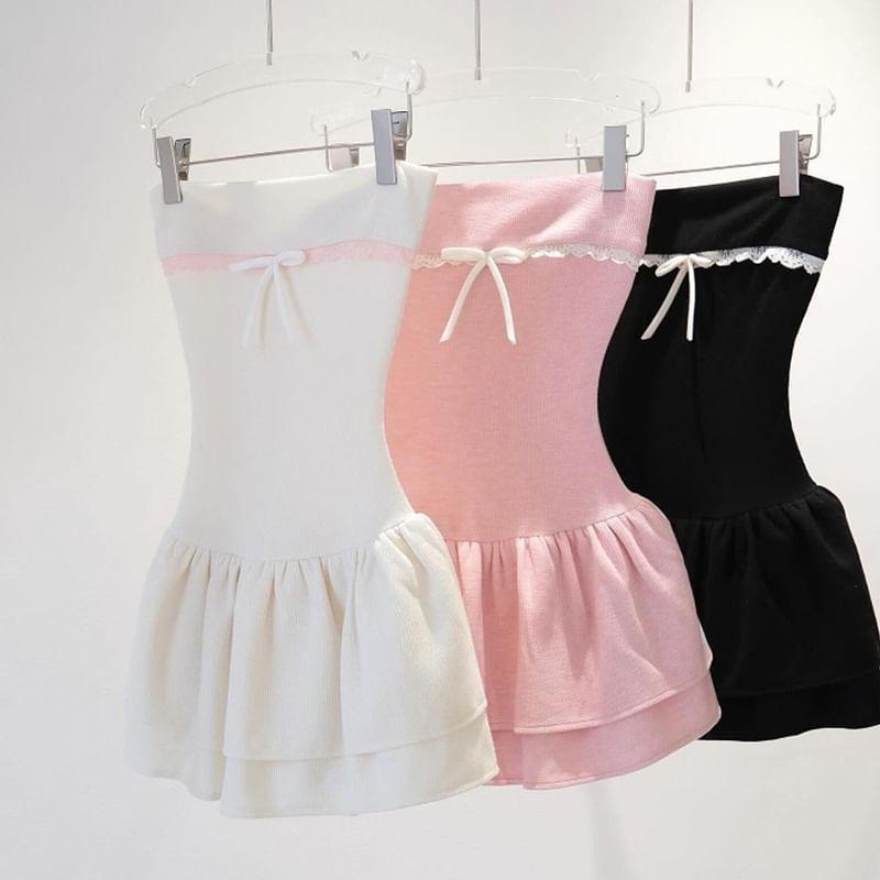 Sleeveless Lace Panel Bow Accent Plain Slim-Fit Mini Layered Dress Product Image