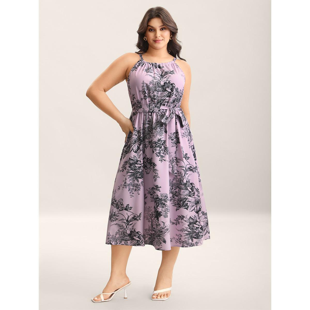 Plus Size Spring Time Florals Sleeveless Midi Dress DustyPink Women Elegant Gathered Halter neck Sleeveless Curvy BloomChic 28/5X Product Image