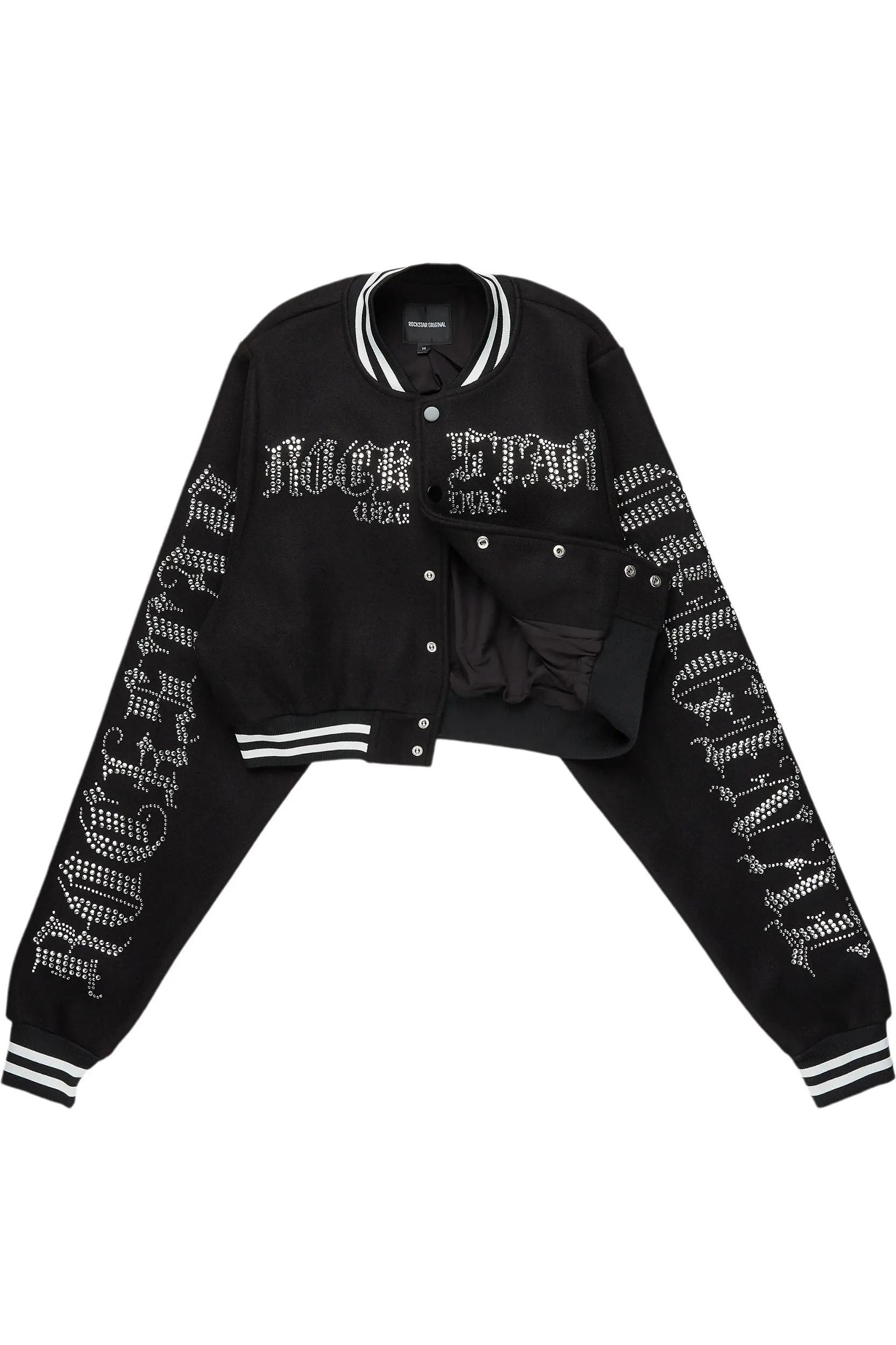 Gianni Black Crop Rhinestone Varsity Jacket Female Product Image