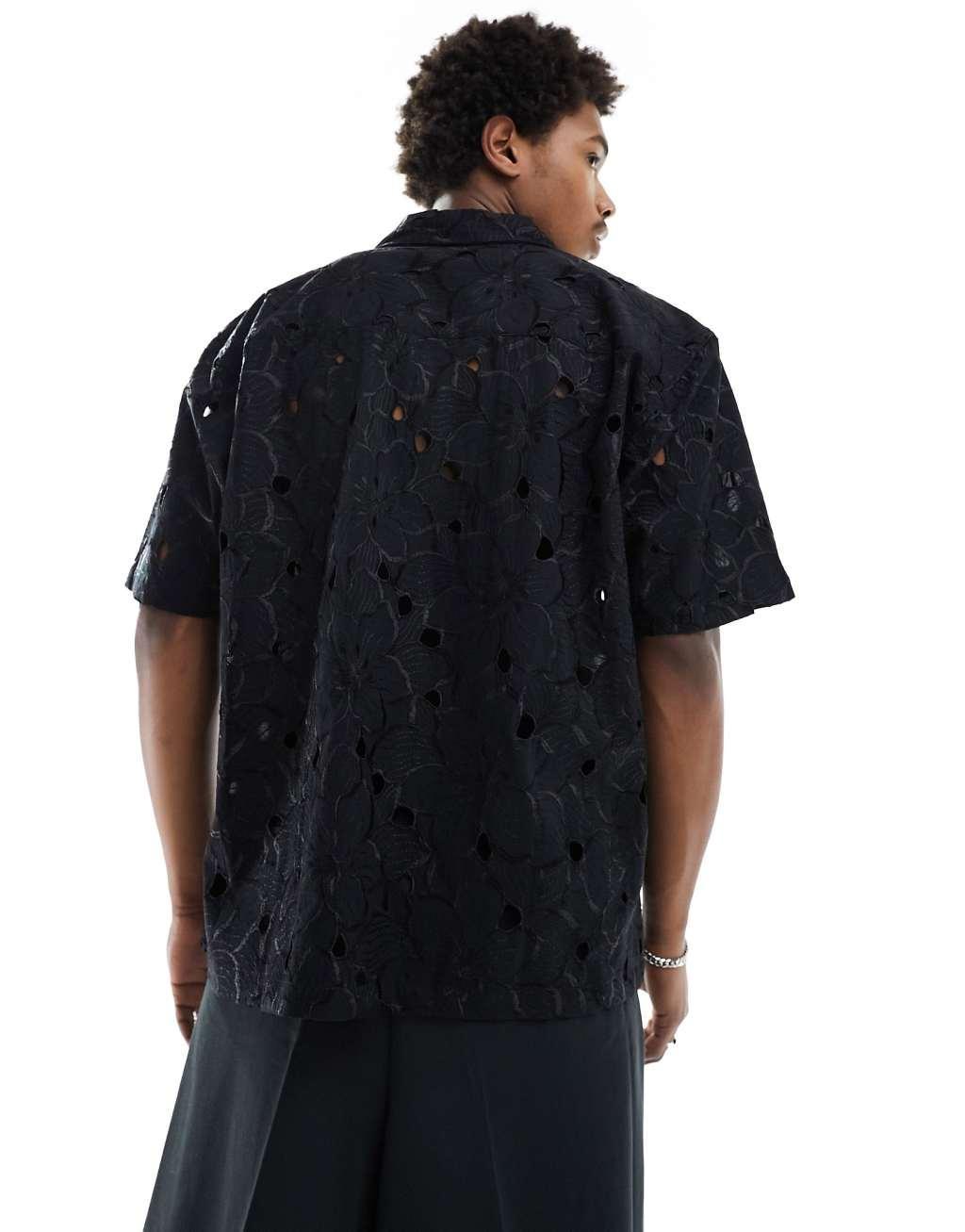 ASOS DESIGN oversized revere collar floral embroidered shirt Product Image