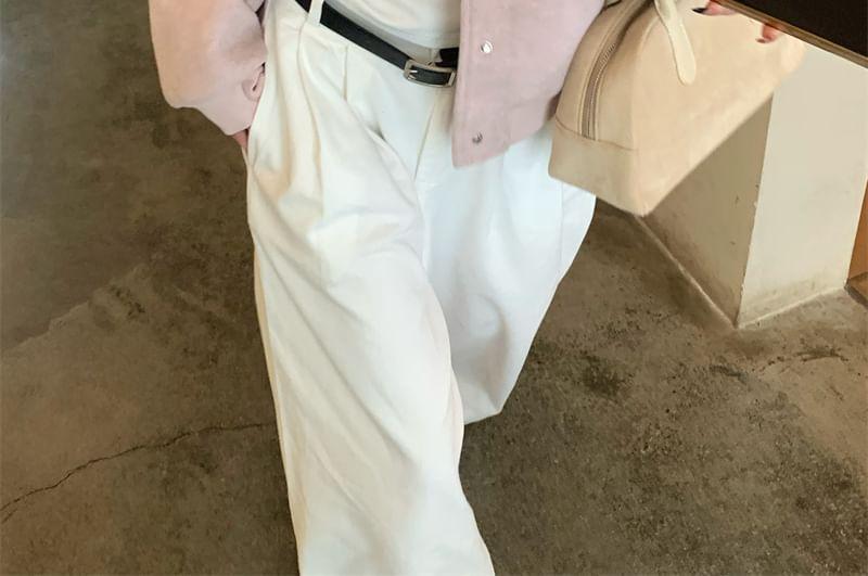 Plain Button Bomber Jacket / Long-Sleeve Crew Neck T-Shirt / Mid Rise Wide Leg Pants Product Image