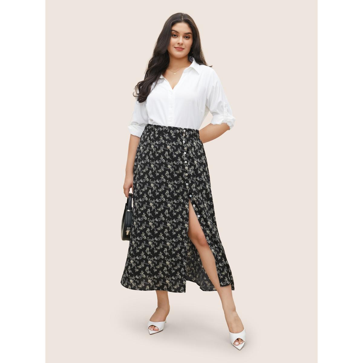Plus Size Ditsy Floral Split Side Pocket Button Detail Skirt Women BlackFlower Elegant Slit No stretch Slanted pocket Everyday Skirts BloomChic 18-20/2X Product Image