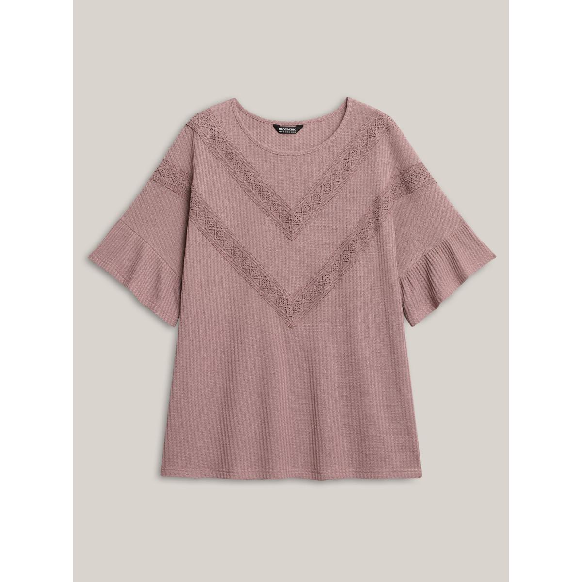 Plus Size Textured Lace Ruffled Sleeve T-Shirt Rouge Women Woven ribbon&lace trim Round Neck Everyday-Casual T-shirts BloomChic 10/M Product Image