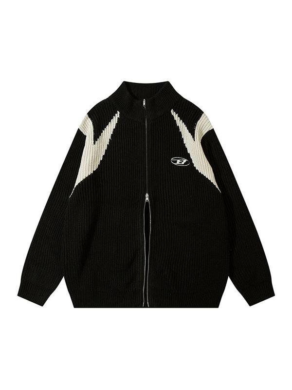 Men's Contrast Color Patchwork Zip Up Sweater Product Image