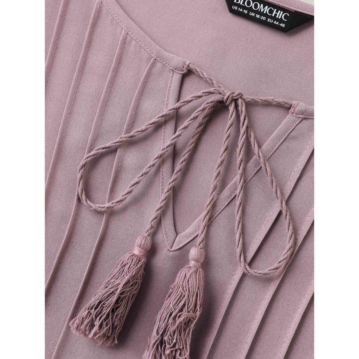 Plus Size Lilac Toothpick Pleats Lace Neck Tie Blouse Women Elbow-length sleeve Notched collar Vacation Blouses BloomChic 30/6X Product Image