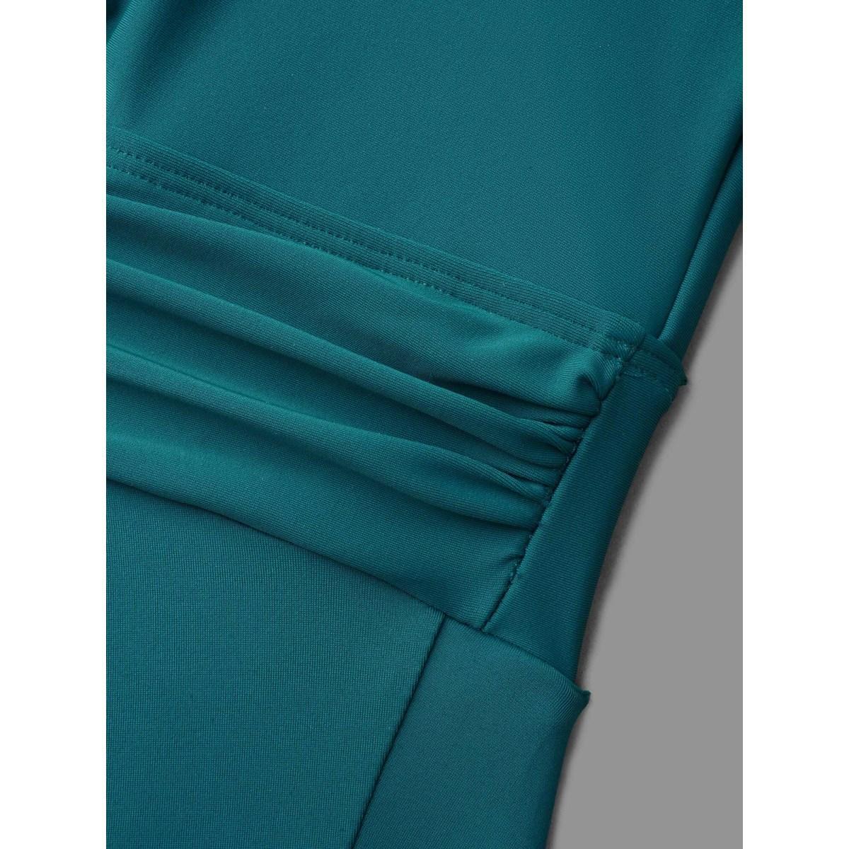 Plus Size Laser Cut Overlap Collar Waist-Cinched Swim Dress Women's Swimwear Cyan Beach Bodycon Overlap Collar High stretch Curve Swim Dresses BloomChic 22-24/3X Product Image