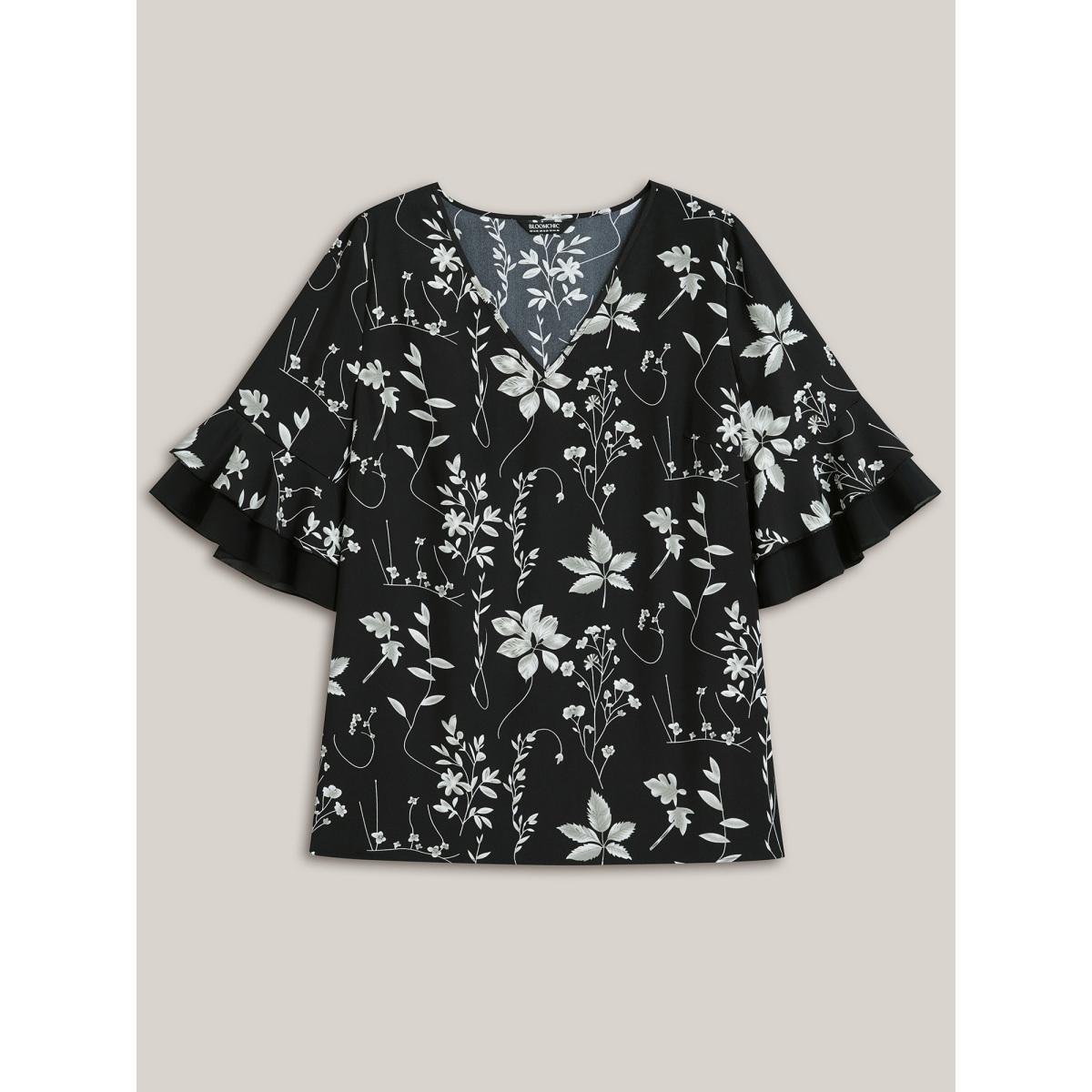 Plus Size Black Floral Print Ruffled V-Neck Shirt Women Elegant Half Sleeve V-neck Everyday Blouses BloomChic 30/6X Product Image