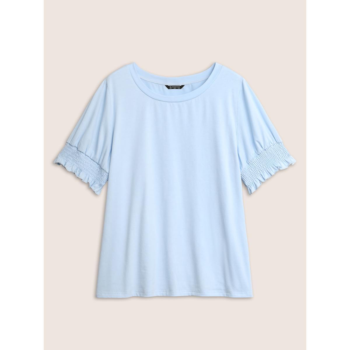 Plus Size Round Neck Solid Shirred Puff Sleeve T-shirt LightBlue Women Elegant Shirred Round Neck Everyday T-shirts BloomChic 28/5X Product Image