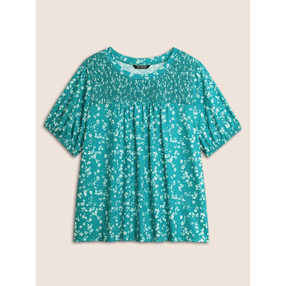 Plus Size Ditsy Floral Shirred Lantern Sleeve T-shirt Emerald Women Elegant Gathered Round Neck Everyday T-shirts BloomChic 12/L Product Image