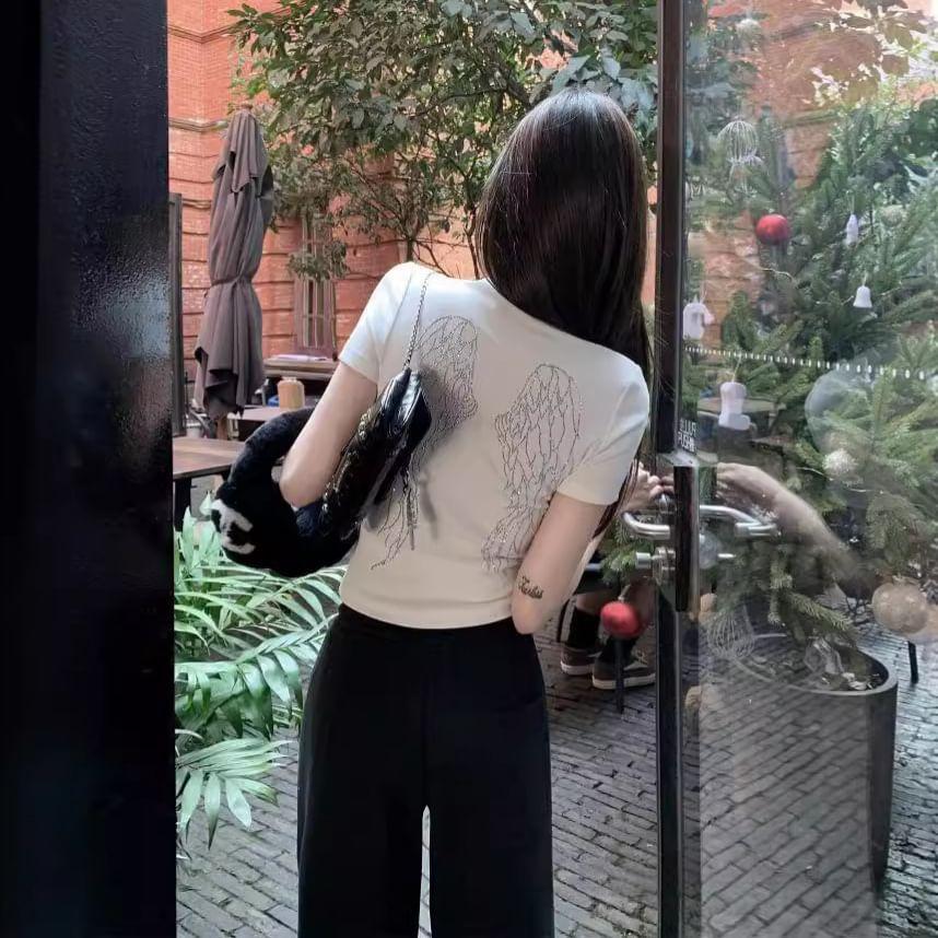 Short Sleeve Lettering & Wing Rhinestone Slim-Fit Crop Tee Product Image