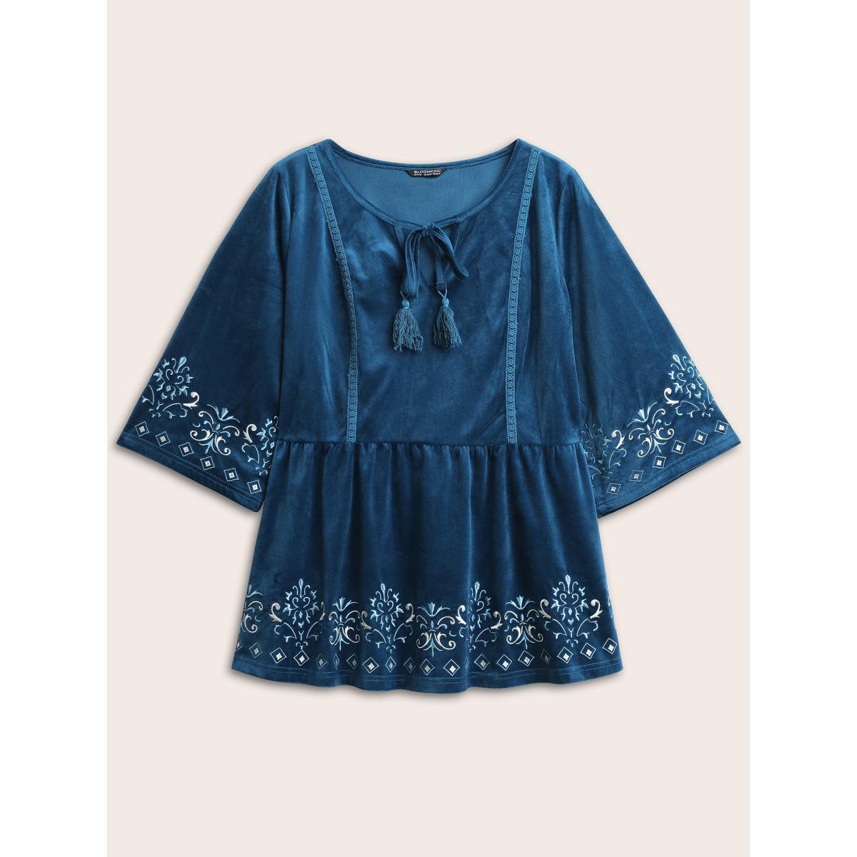 Plus Size Indigo Velvet Contrast Embroidered Tassels Ties Blouse Women Resort Elbow-length sleeve Tie Neck Vacation Blouses BloomChic 14-16/1X Product Image
