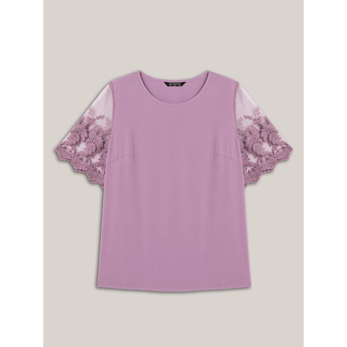 Plus Size Lilac Spliced Sheer Sleeve Plain Curvy Fit Blouse Women Elegant Short sleeve Round Neck Everyday Blouses BloomChic 28/5X Product Image